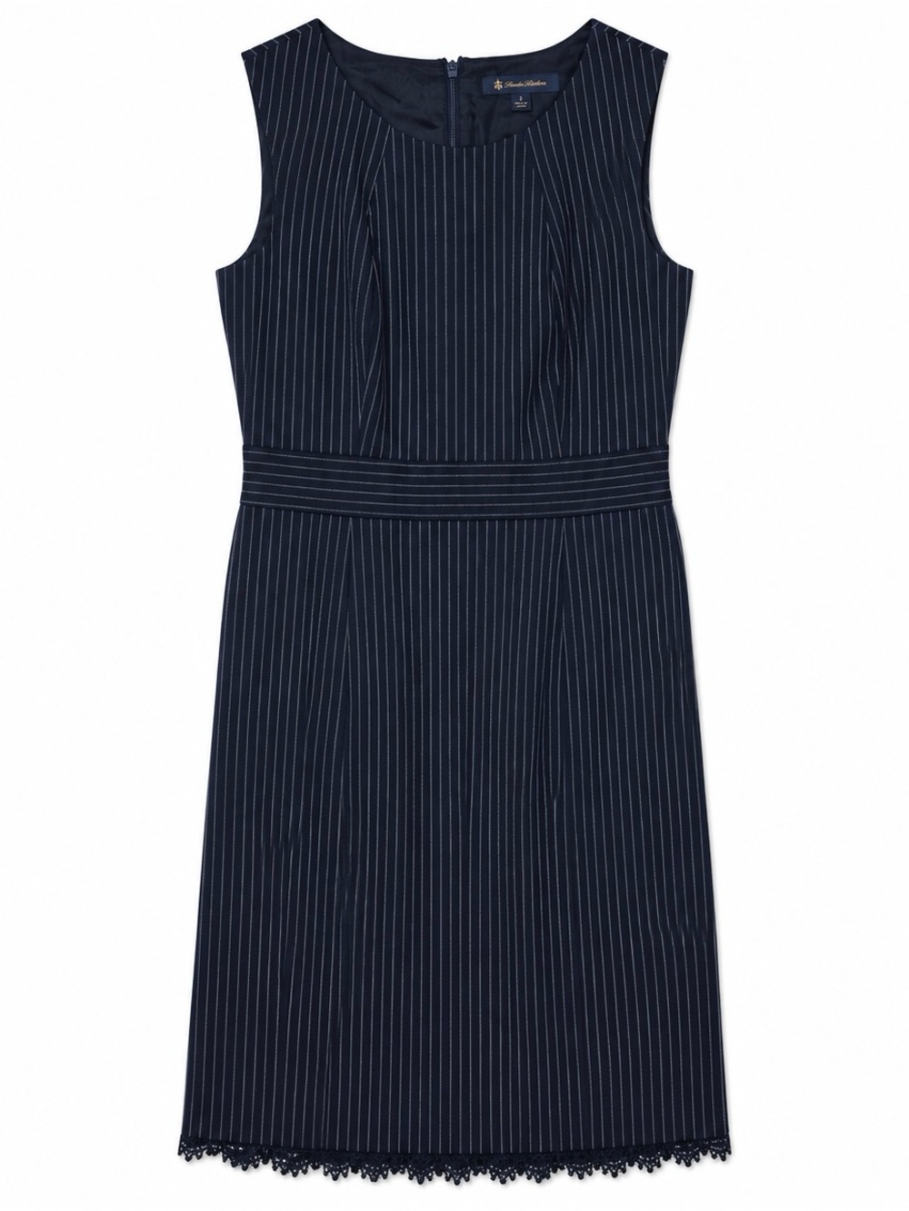 Brooks Brothers sz 2 Sleeveless Navy White Pinstripe Midi Sheath Dress Lace Hem - Picture 2 of 7